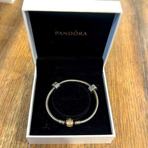 Authentic Pandora *14k* Gold and Silver Charm Bracelet -includes 2 Swirl Spacers